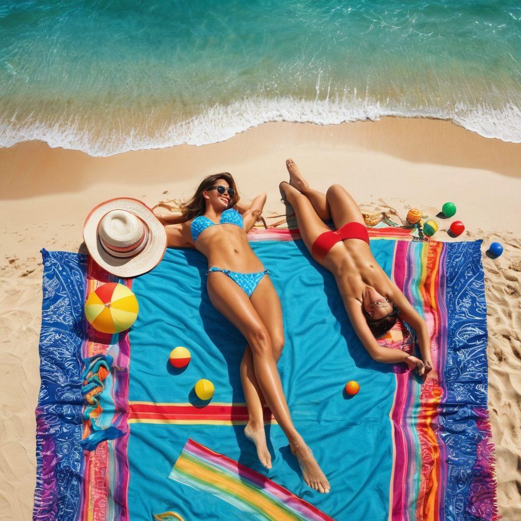 A sun-kissed beach scene featuring an array of vibrant thongs and bikinis displayed on colorful beach towels, with playful beach balls and sun umbrellas in the background. Include happy, diverse people enjoying the sun, sand, and waves, representing the joy of summer. Bright blue skies and the sparkling ocean enhance the carefree atmosphere. super-realistic. vibrant colors. sunny beach setting.
