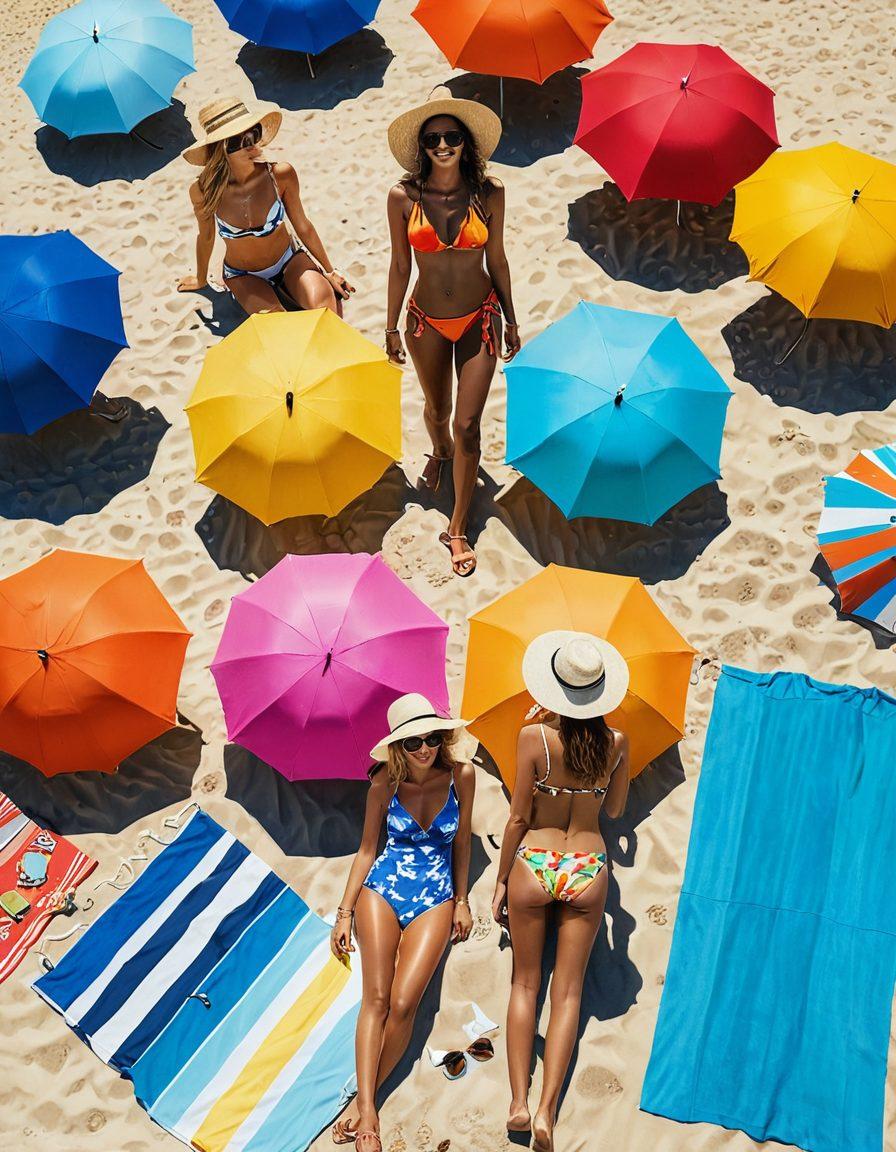 A vibrant beach scene showcasing diverse models flaunting the latest swimsuits and trendy accessories. Include bold and colorful umbrellas, sun hats, and oversized sunglasses, with sun-kissed skin and playful beach towels scattered around. Capture the essence of summer with tropical drinks and a clear blue sky in the background. Style: super-realistic, vibrant colors, bright sunny atmosphere.
